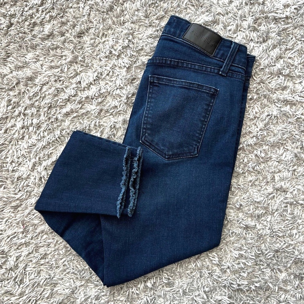 Pistola Jeans Women's Blue Dark Wash Mid Rise STRETCHY Denim Sz 27 USA Raw Hem
